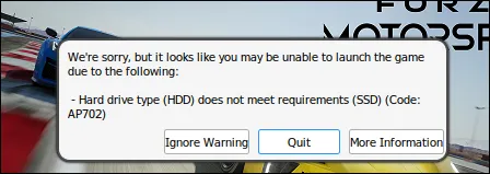 Forza Motorsport warning that the detected HDD does not meet the SSD requirement, error AP702